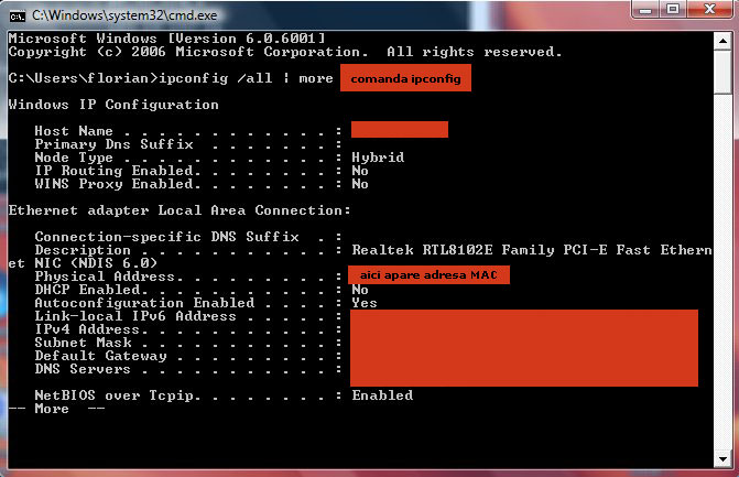 Comanda Ipconfig in Windows